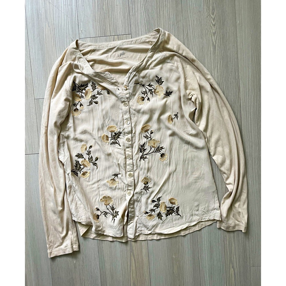 J. Jill Women's Sz M Beige Floral Woven Embroidered V-Neck Button-Up Long Sleeve